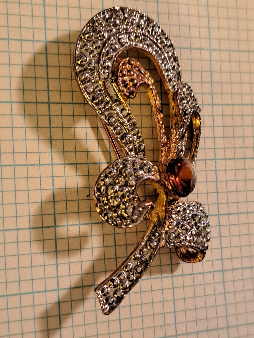 Gold-Tone Rhinestone Bow Pendant Brooch Pin with Amber Accent